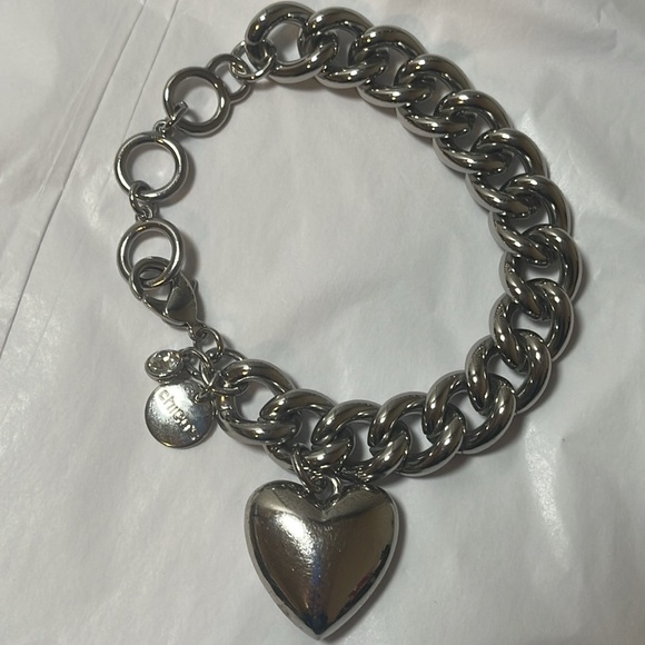 Chico's Jewelry - Chico's Heavy Silver Tone Chain Link Bracelet with Large Dangling Puffed Heart